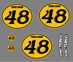 Set of 3 Fancy Vintage motocross number plates Sticker Ovals YOUR # YOUR NAME (Decals only) Custom colors