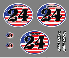 Set of 3 Vintage mx Custom Pre Printed Number plate Backgrounds Ovals FULL FLAG-USA (Decals only)