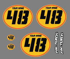 Set of 3 Spaced Vintage motocross number plates Sticker Ovals YOUR # YOUR NAME (Decals only) Custom colors